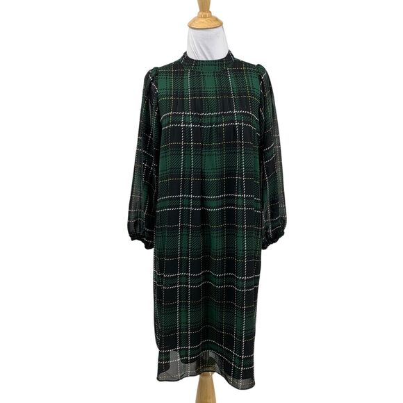 Ann Taylor Dress Women XS Extra Small Petite Multi Plaid Sheer Sleeves High Neck - Picture 1 of 15